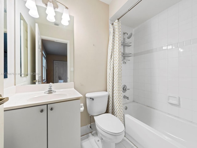 bathroom featuring toilet, visible vents, baseboards, vanity, and shower / bathtub combination with curtain