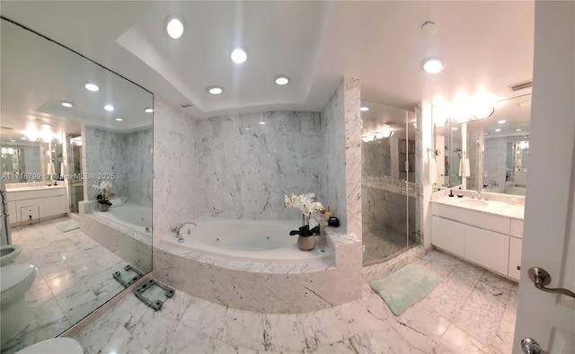 bathroom featuring vanity and plus walk in shower