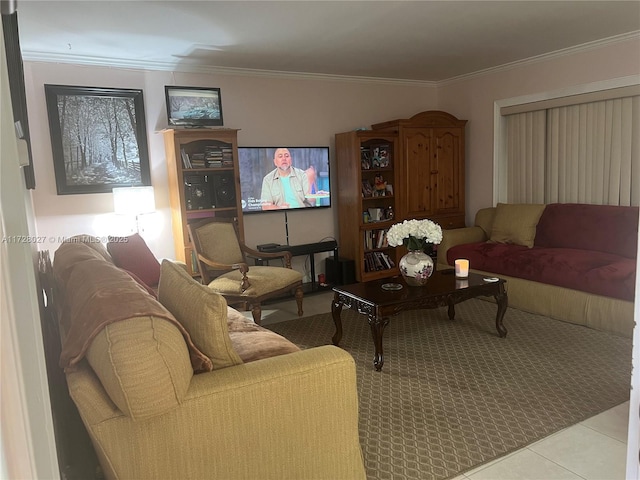 tiled living room with ornamental molding