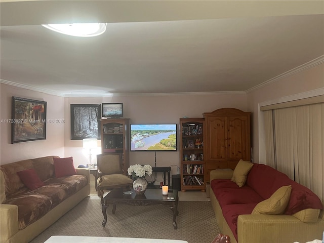 carpeted living room featuring ornamental molding