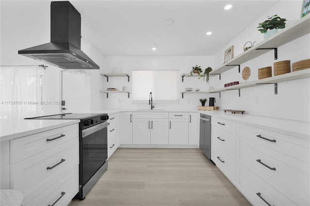 kitchen featuring sink, white cabinetry, electric range oven, island exhaust hood, and stainless steel dishwasher