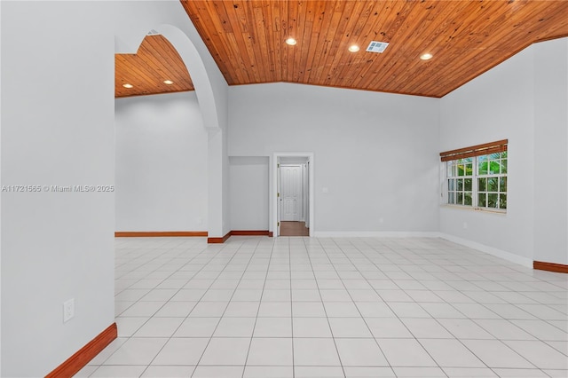 empty room with wooden ceiling and high vaulted ceiling