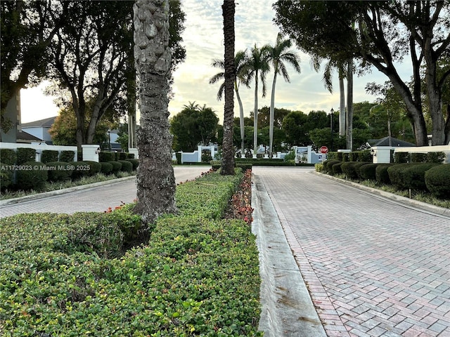 view of road featuring curbs and traffic signs