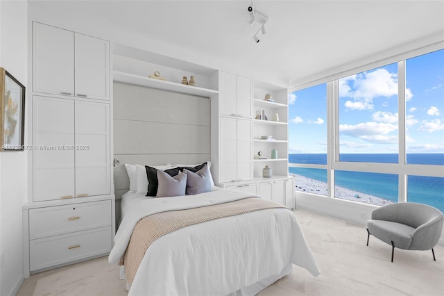 carpeted bedroom featuring a view of the beach, rail lighting, and a water view