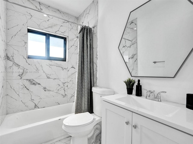 full bathroom with vanity, shower / bath combination with curtain, and toilet