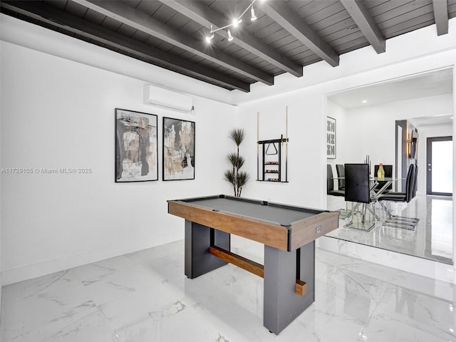 rec room featuring beam ceiling, a wall unit AC, wood ceiling, and billiards