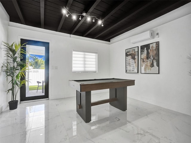 recreation room featuring billiards, wooden ceiling, a wall mounted AC, and beamed ceiling