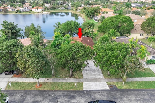 drone / aerial view featuring a water view