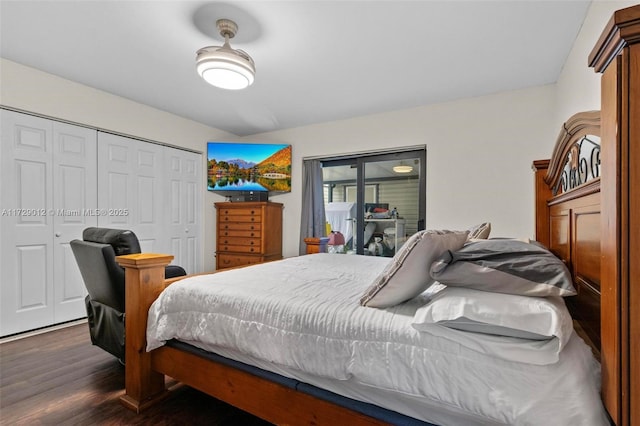 bedroom with dark hardwood / wood-style flooring and a closet