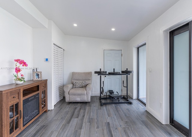 sitting room featuring dark hardwood / wood-style flooring and lofted ceiling