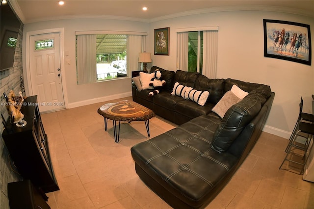 living room with ornamental molding