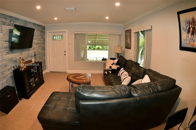 living room with crown molding