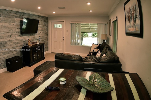 living room featuring crown molding