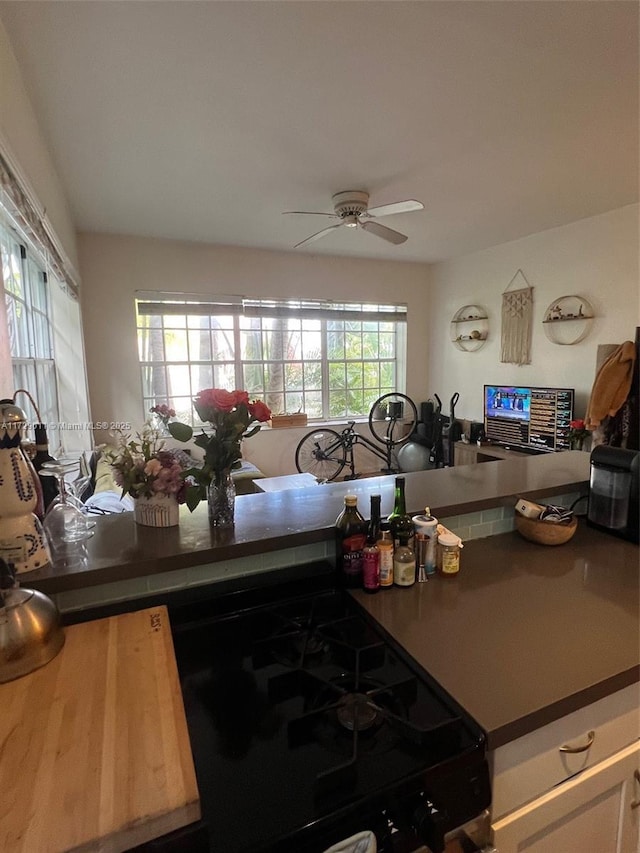 kitchen featuring ceiling fan and white cabinetry