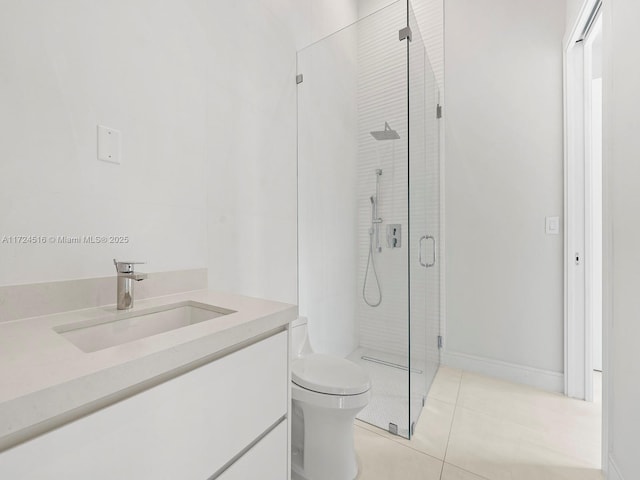 bathroom with toilet, walk in shower, tile patterned floors, and vanity