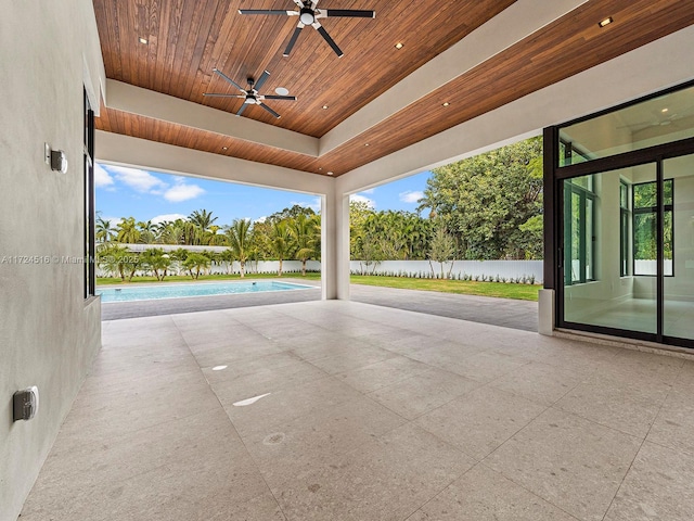 view of patio / terrace featuring ceiling fan and a fenced in pool