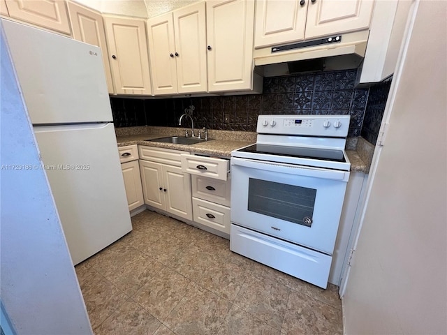 kitchen featuring tasteful backsplash, sink, and white appliances