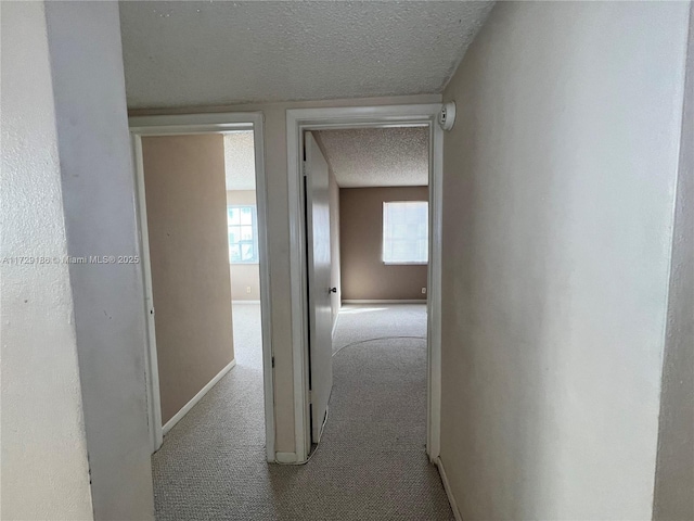 hall featuring a textured ceiling and light carpet