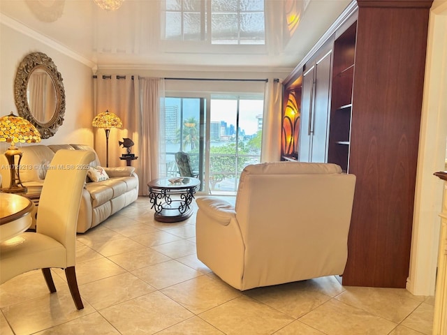 living room featuring light tile patterned flooring and ornamental molding