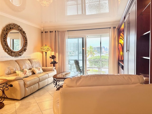 tiled living room with crown molding