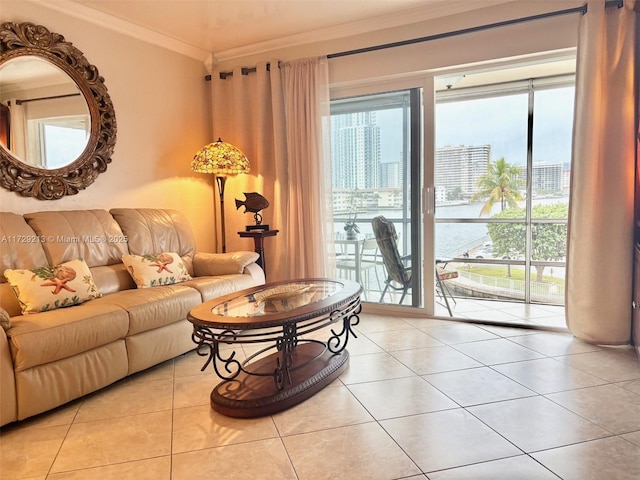 tiled living room with ornamental molding