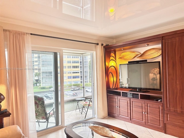 living room featuring light tile patterned floors and crown molding