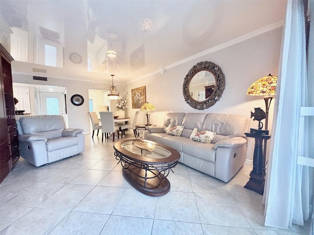 tiled living room with crown molding