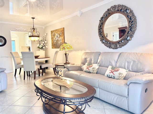 living room with light tile patterned flooring and ornamental molding