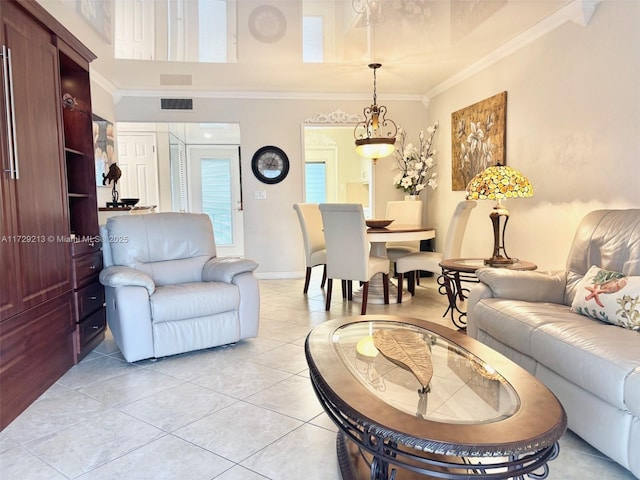 tiled living room with crown molding