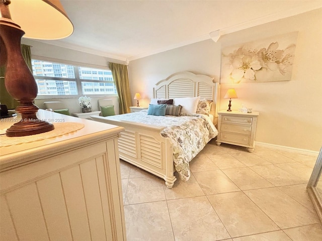 tiled bedroom featuring crown molding