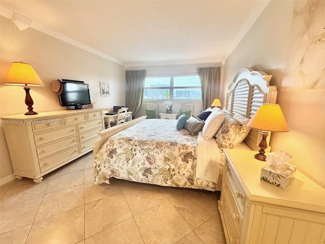 tiled bedroom featuring ornamental molding