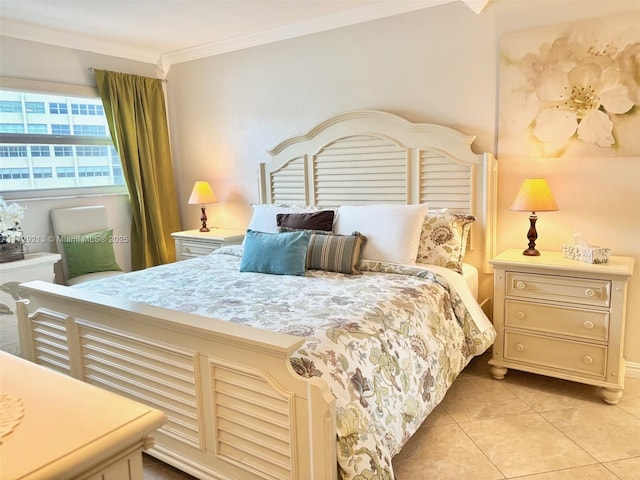 bedroom with light tile patterned floors and ornamental molding