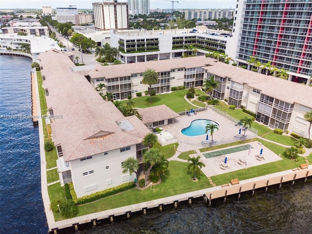 drone / aerial view featuring a water view