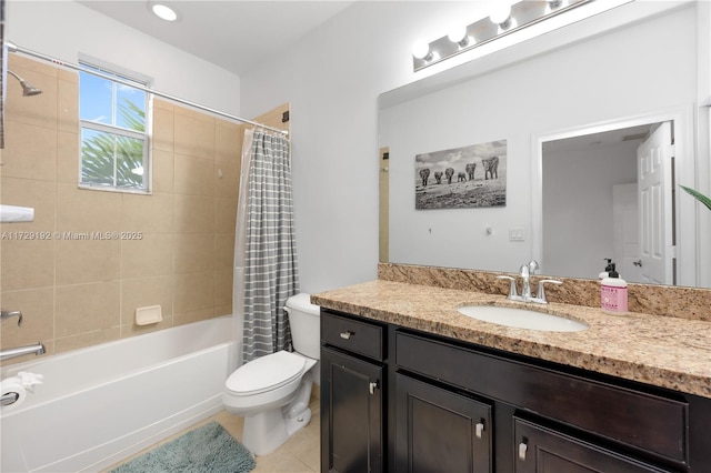 full bathroom featuring toilet, tile patterned floors, shower / bath combo, and vanity