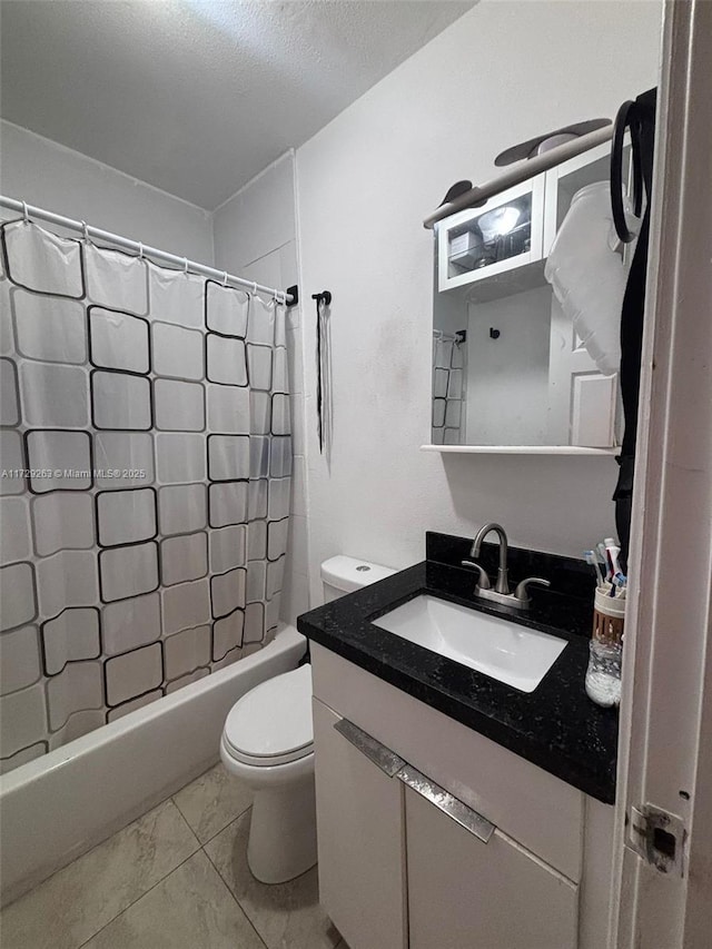 full bathroom with toilet, vanity, tile patterned floors, shower / bath combination with curtain, and a textured ceiling