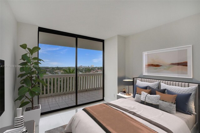 tiled bedroom featuring access to exterior and a wall of windows