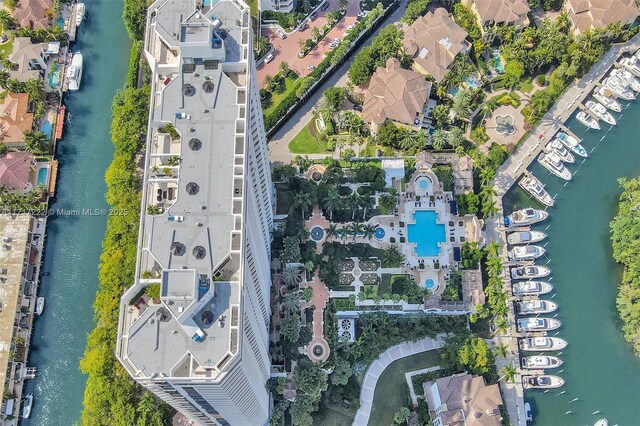 birds eye view of property featuring a water view