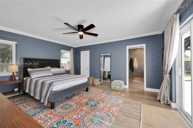 bedroom with ceiling fan, access to exterior, crown molding, and light hardwood / wood-style floors