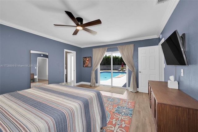 bedroom featuring ceiling fan, access to exterior, crown molding, and light hardwood / wood-style flooring