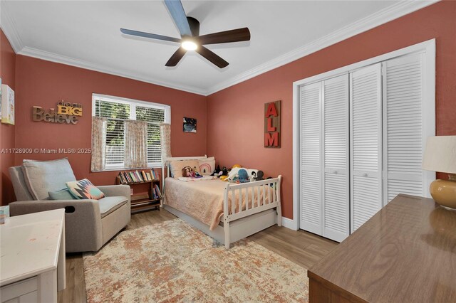 bedroom featuring ceiling fan, a closet, crown molding, and light hardwood / wood-style flooring