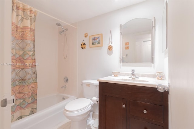 full bathroom featuring toilet, shower / bathtub combination with curtain, and vanity