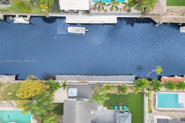 aerial view featuring a water view