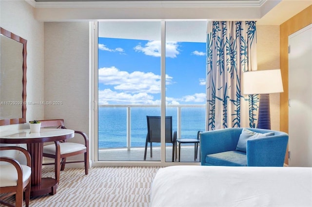 bedroom with crown molding and a water view