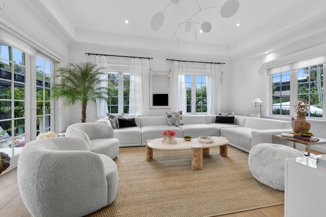 living room with plenty of natural light and a tray ceiling