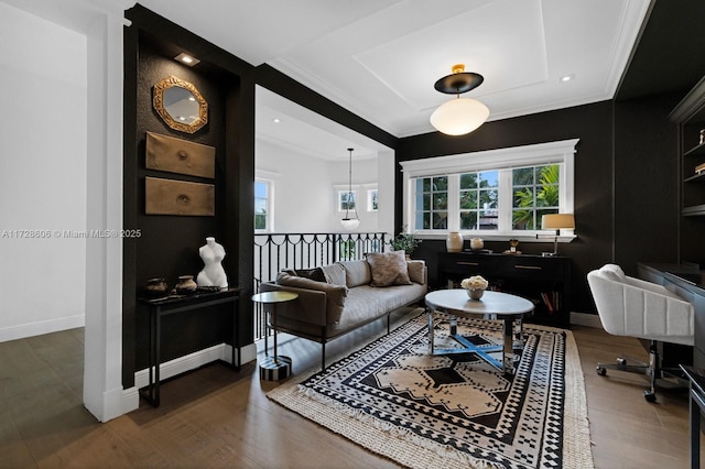 living room with ornamental molding and dark hardwood / wood-style flooring