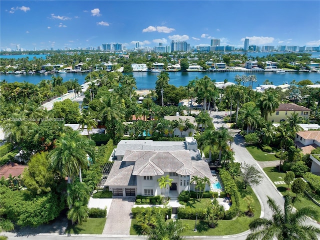 birds eye view of property featuring a water view