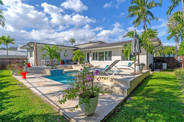 outdoor pool featuring central AC unit, a yard, fence, and a patio