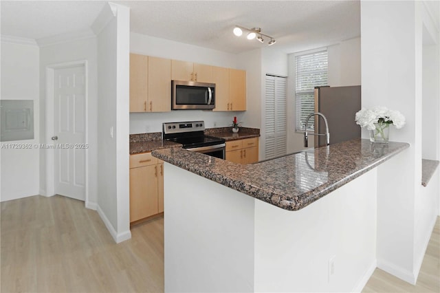 kitchen with appliances with stainless steel finishes, light brown cabinets, dark stone counters, kitchen peninsula, and electric panel