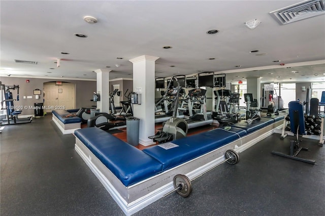 workout area with ornate columns