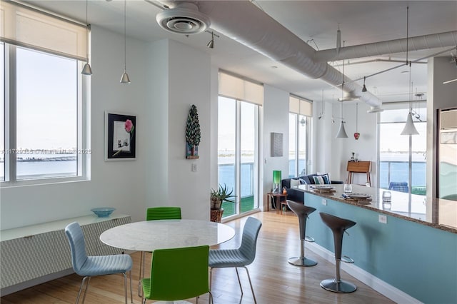 dining area featuring a water view, floor to ceiling windows, and light wood-type flooring